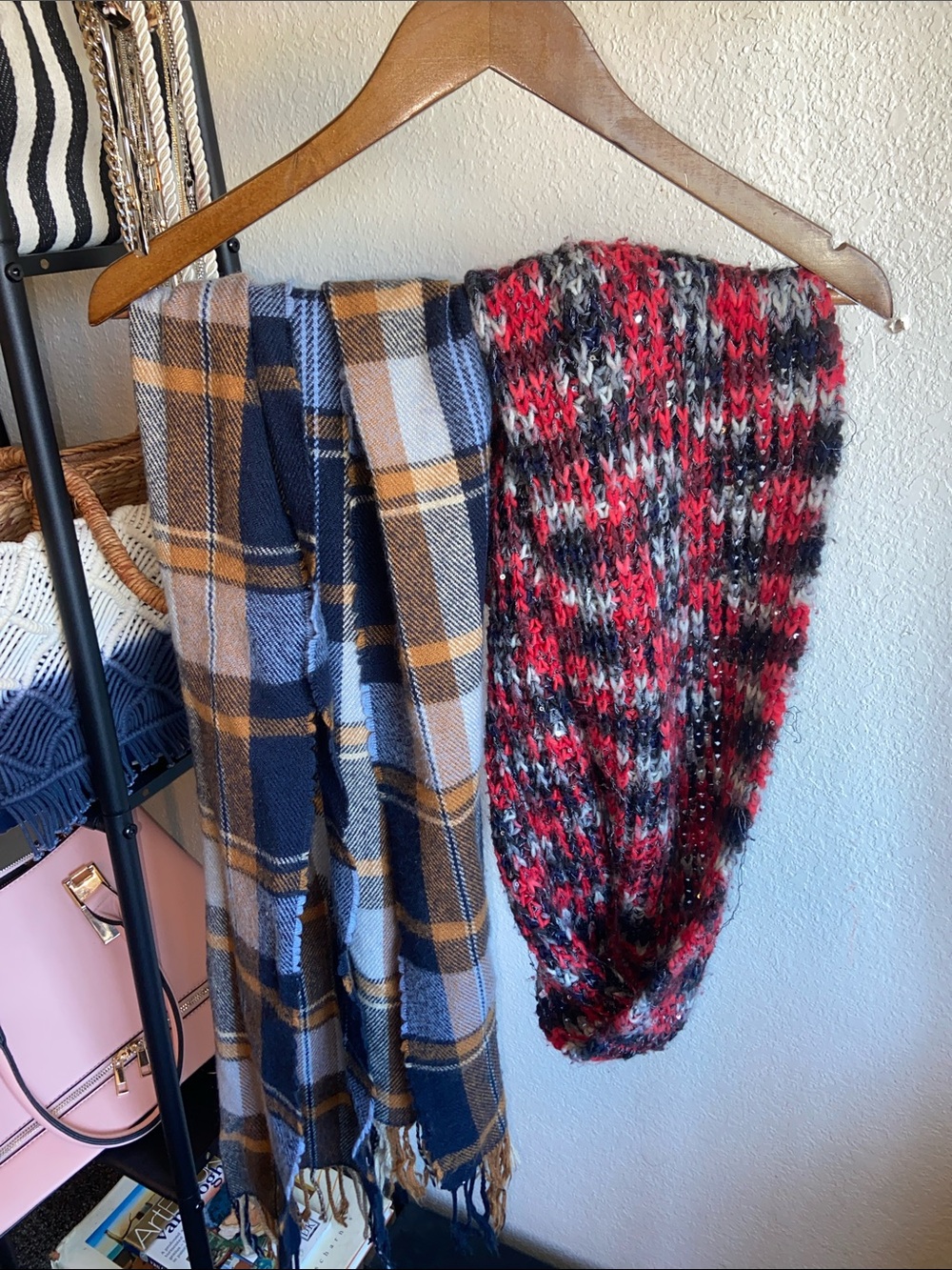 Chunky Red & Black Knit Infinity Scarf - Blue and Yellow Plaid Scarf 2 FOR 10